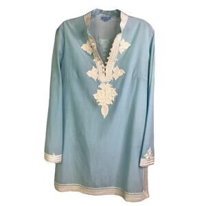 J.McLaughlin Tunic Top Womens Size 6 Blue V-Neck Embroidered Beach Coastal